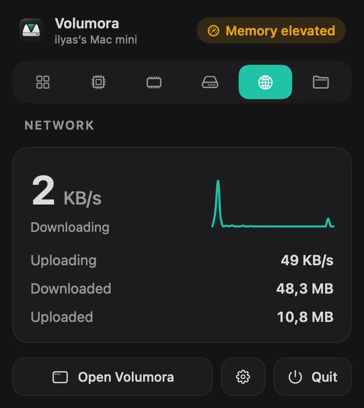 Menu bar Network tab with download and upload rates and totals