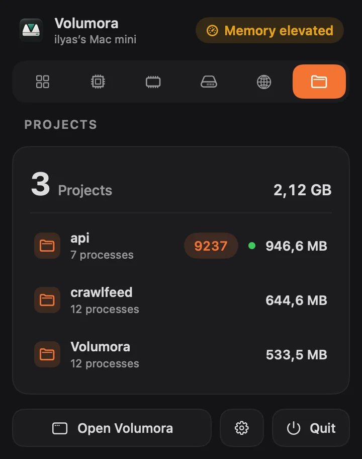 Menu bar Projects tab: three projects with running dev servers, a listening port and memory per project