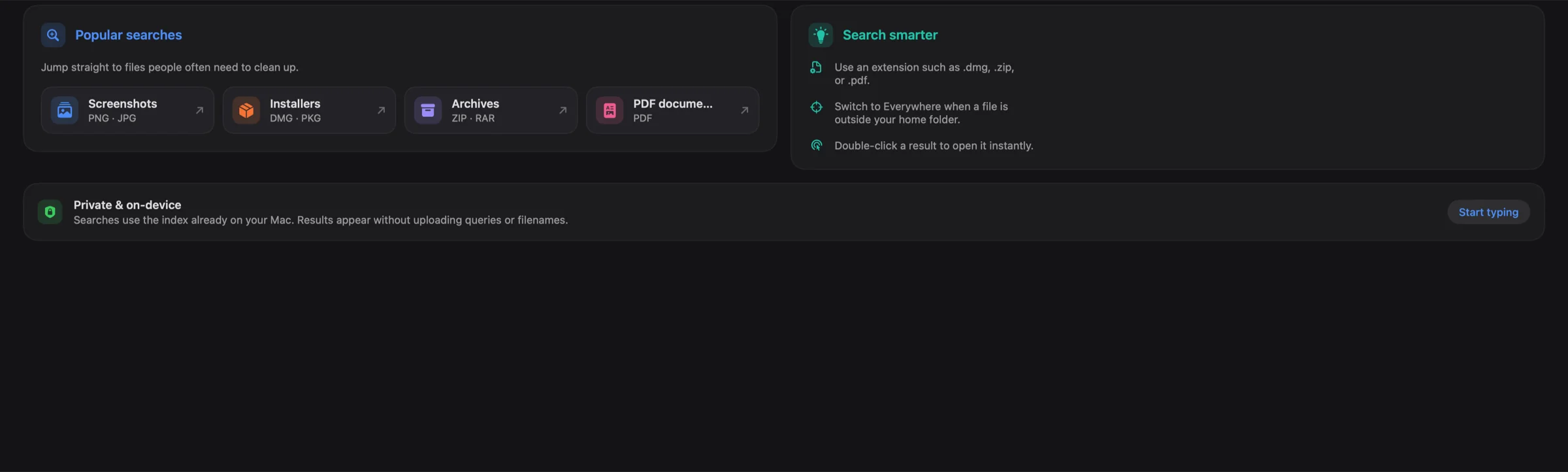 Volumora Search tab with type filters and a private, on-device badge