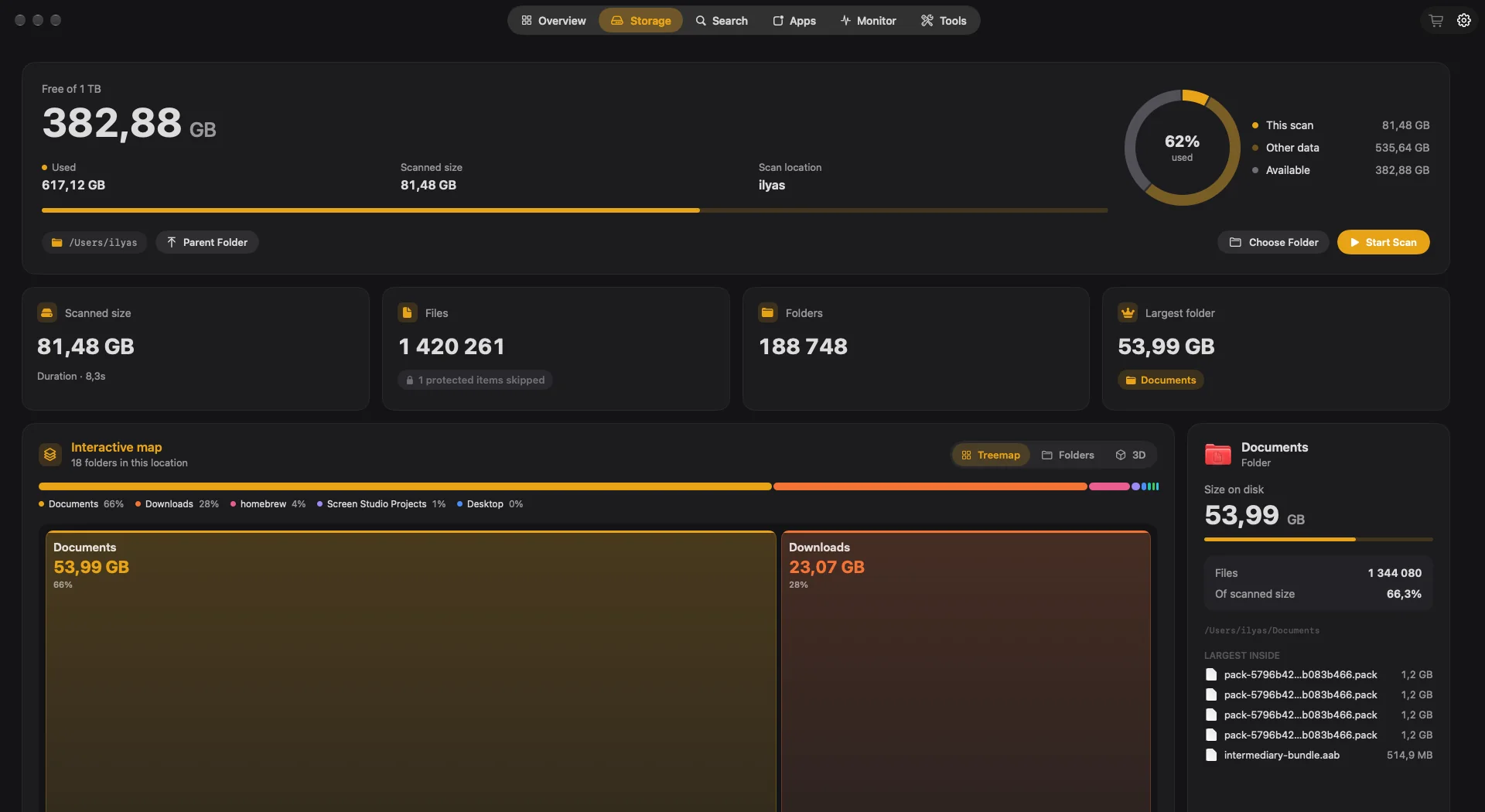 Volumora Storage tab after a scan: scanned size, file and folder counts, the interactive treemap and the folder inspector